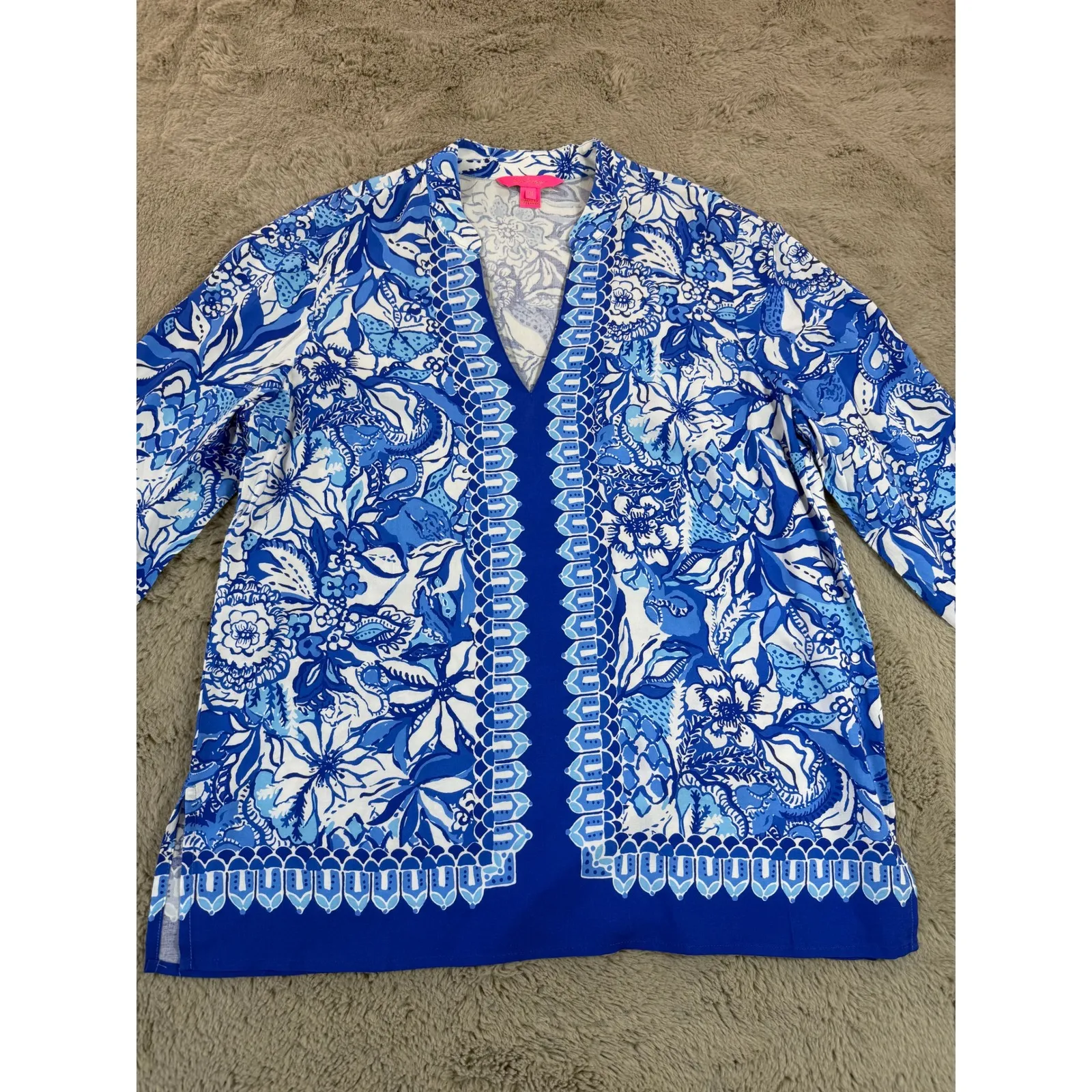 Lilly Pulitzer Women‎ M Luna Bay Blue Tang Flocking Floral 3/4 Sleeve Tunic Top - Image 6