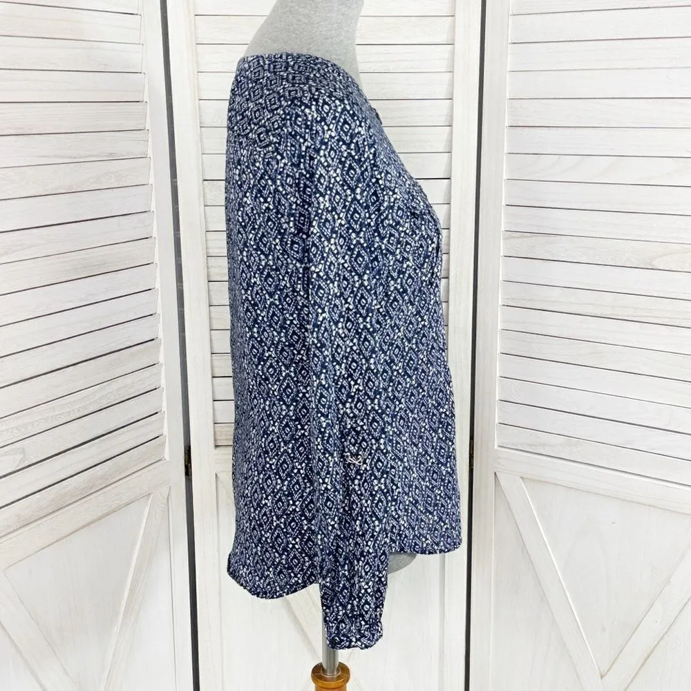 Cato Ikat Diamond Print Button Up Shirt Blue White Small Long‎ Sleeve - Image 4