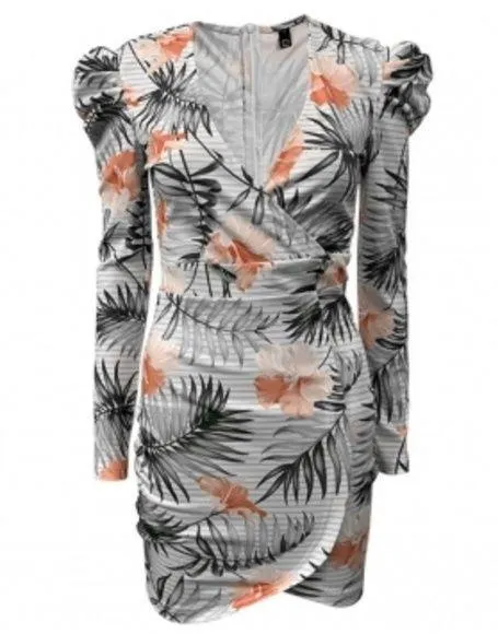 NWT!! CBR Fitted Tropical Print and Stripes Long Puff Sleeve Dress Green Size M - Image 1