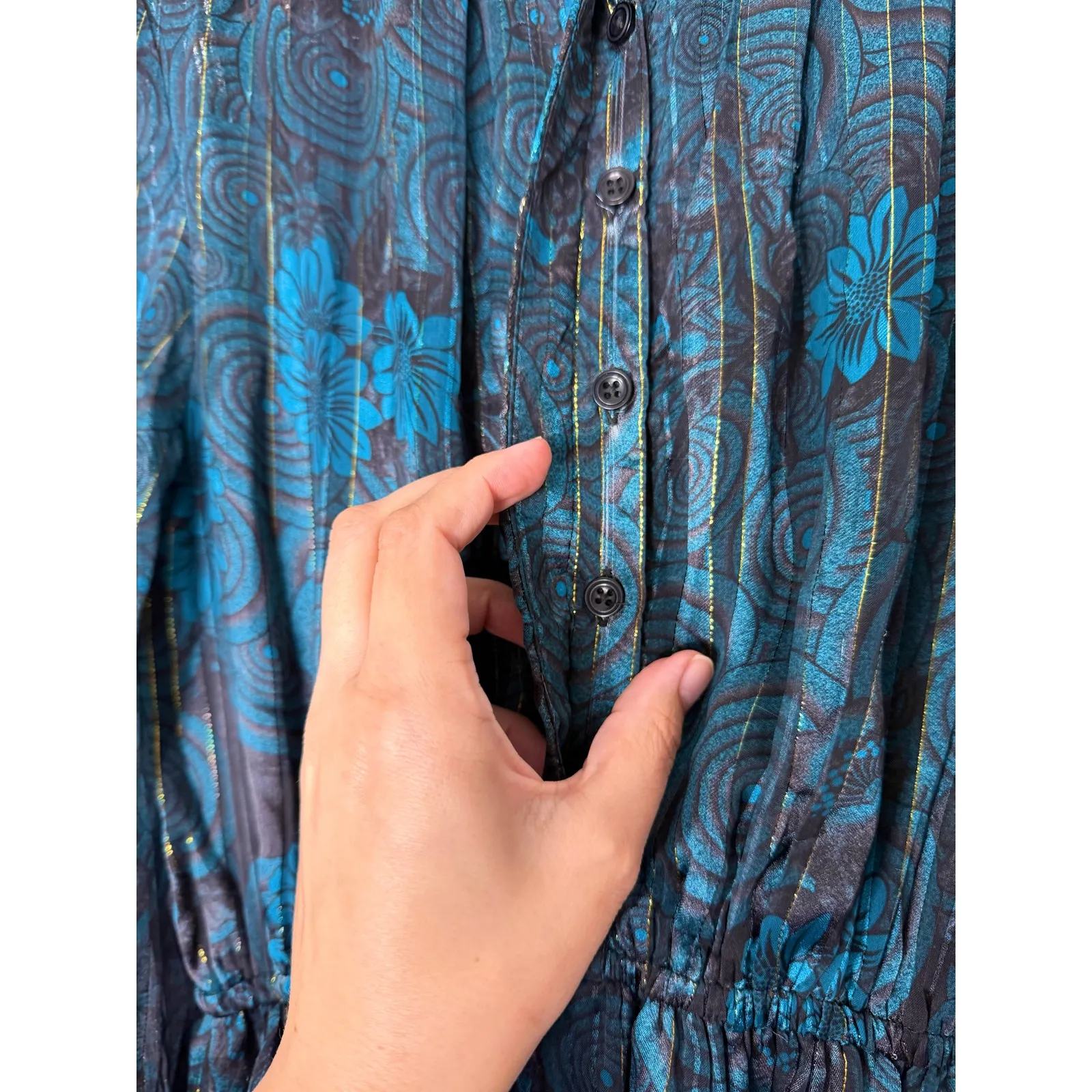 Elan Long Sleeve Flowy Dress in Blue Faux Wrap Ruched Waistband Floral Size S - Image 6