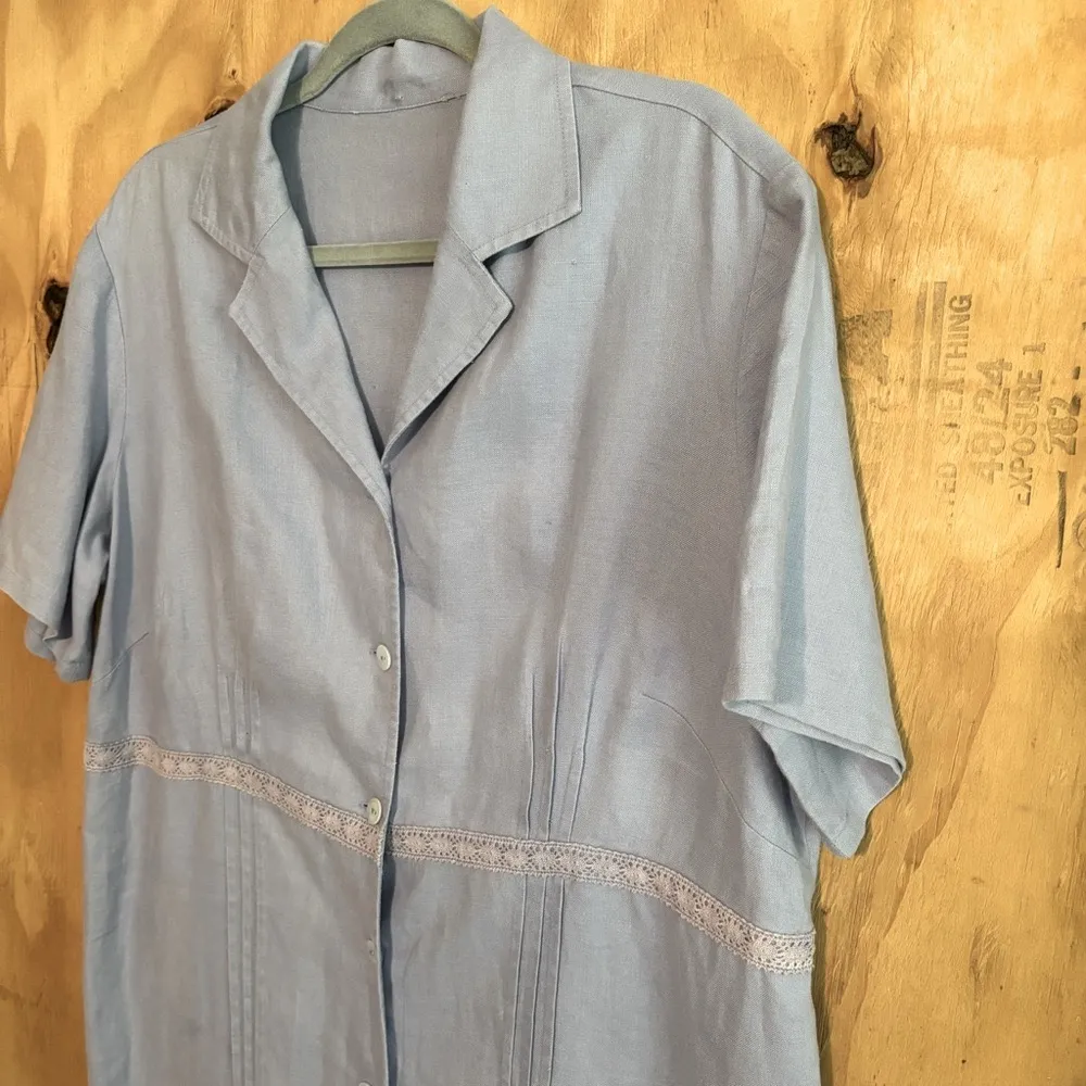 Vintage Purple Linen Button Front Short Sleeve Midi Shirt Dress - Image 2
