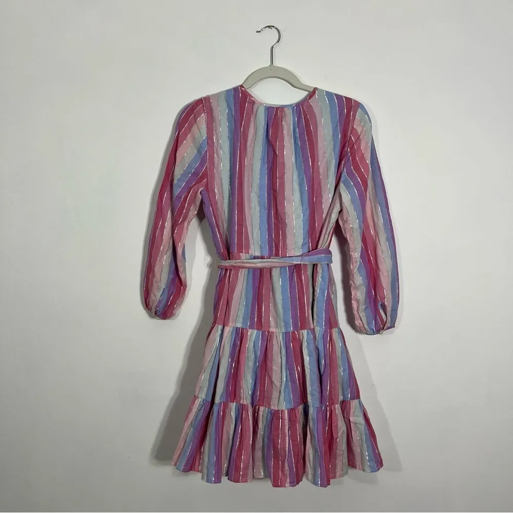 J. Crew Belted Metallic Stripe Tiered Mini Dress Medium Petite Pink Purple Blue - Image 5