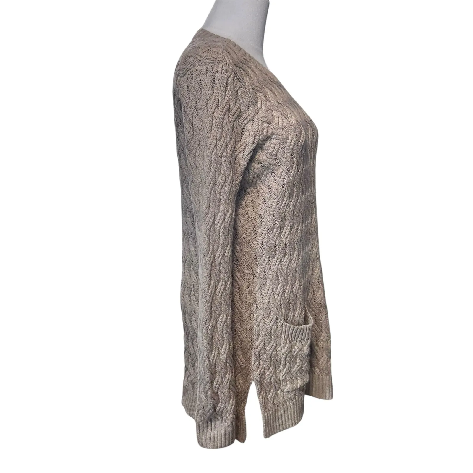 Jeanne Pierre Sweater Knit Tunic Basketweave Tan Medium Pockets 100% Cotton Boho - Image 5