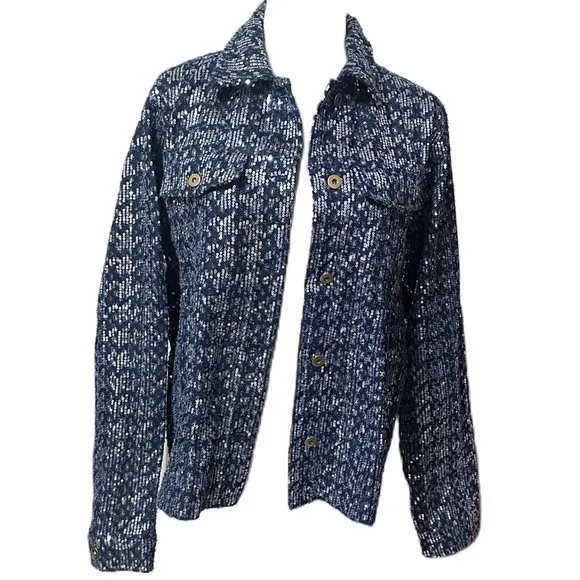 Six/Fifty Pixie Jacket Denim Sequin Blue Size Medium NWT - Image 3