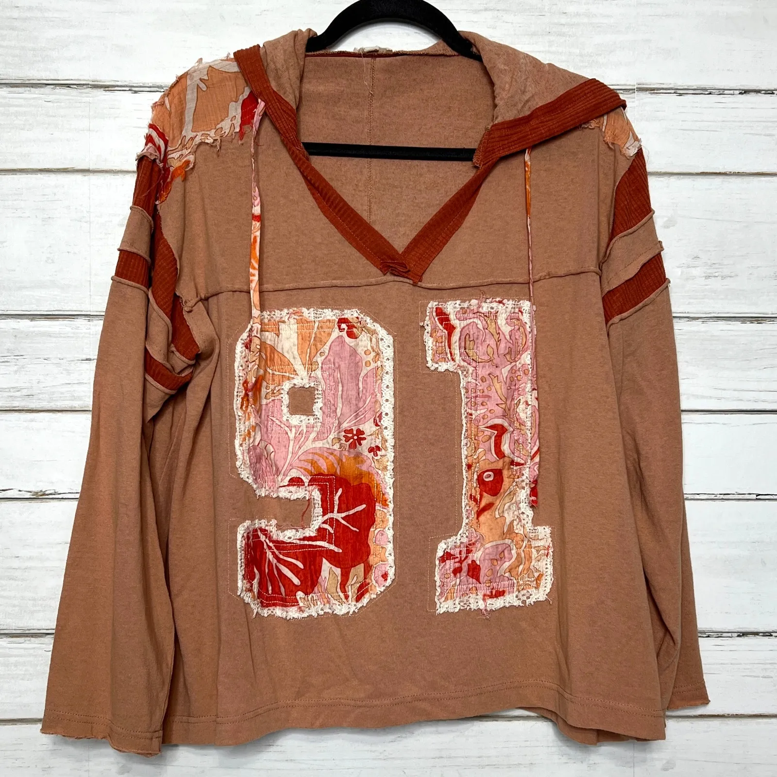POL Patchwork 91 Hoodie Top Small Boho V-Neck Long Sleeve Graphic Pullover - Image 2