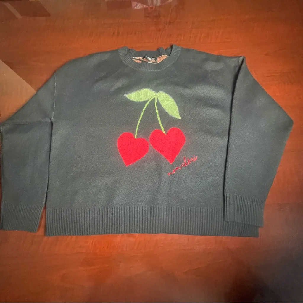 Anthropologie Calligraphie Black Novelty Sweater Red Cherry Design Sequins Sz XL - Image 3