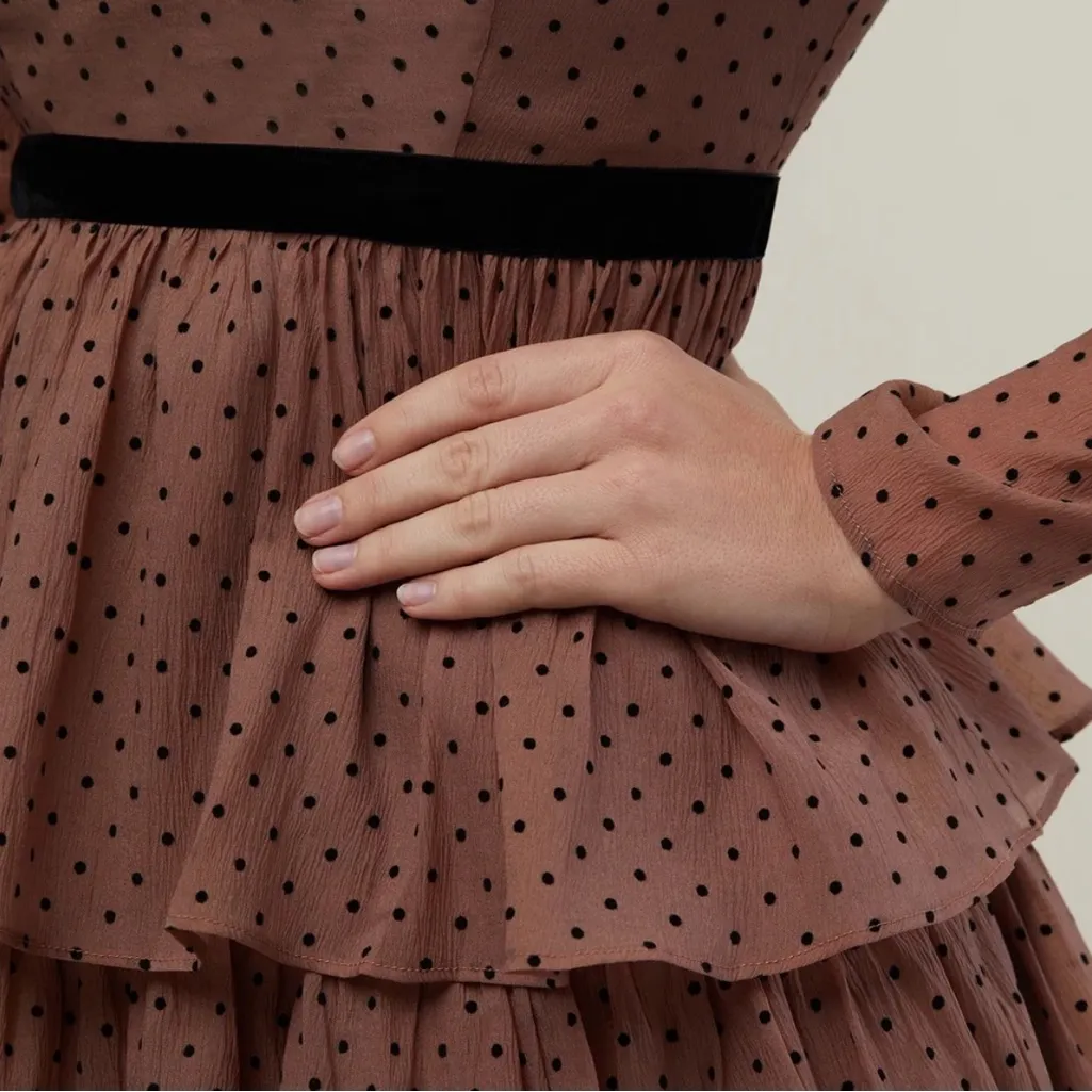 NWT Rachel Parcell Ruffle Tiered Midi Dress Brown Black Polka Dot Chiffon Size 4 - Image 11