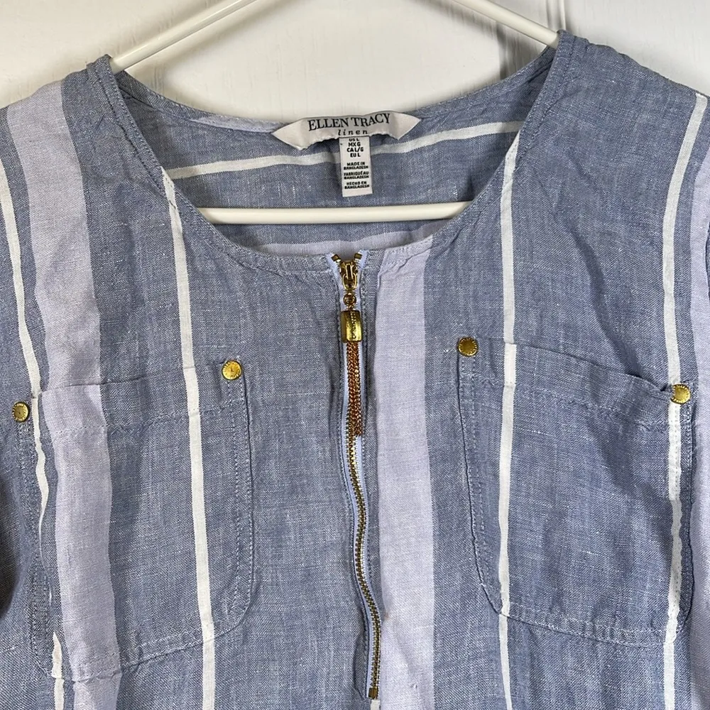 Women's Ellen Tracy Blue White Striped Folded Sleeves Pockets Linen Blouse Large - Image 5