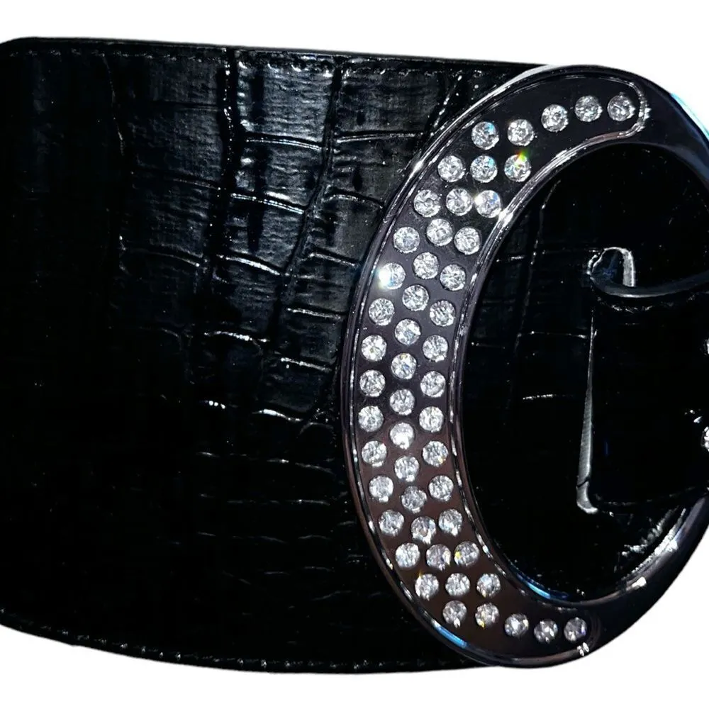 Black stretchy belt with faux croc leather on front and silver bling buckle! New - Image 5