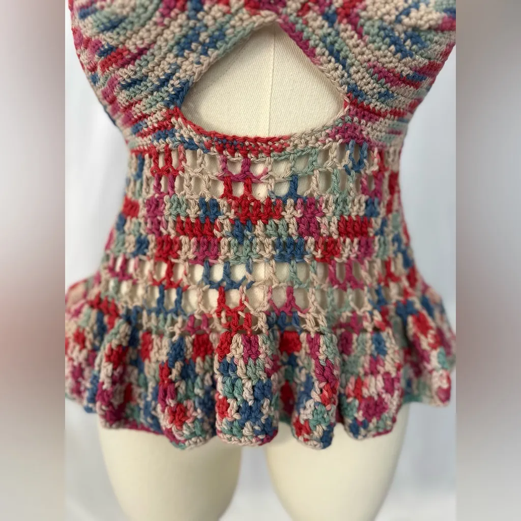 Handmade Crochet Halter Top Boho Cutout Peplum Multicolor (1071) - Image 7