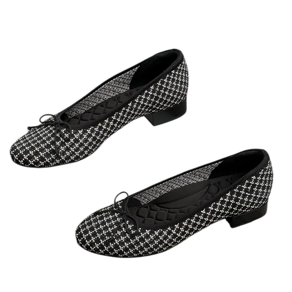 VIVAIA Bianca Round Toe Bow Tie Detail Low Block Heel Black White US 11 EU 43 - Image 4