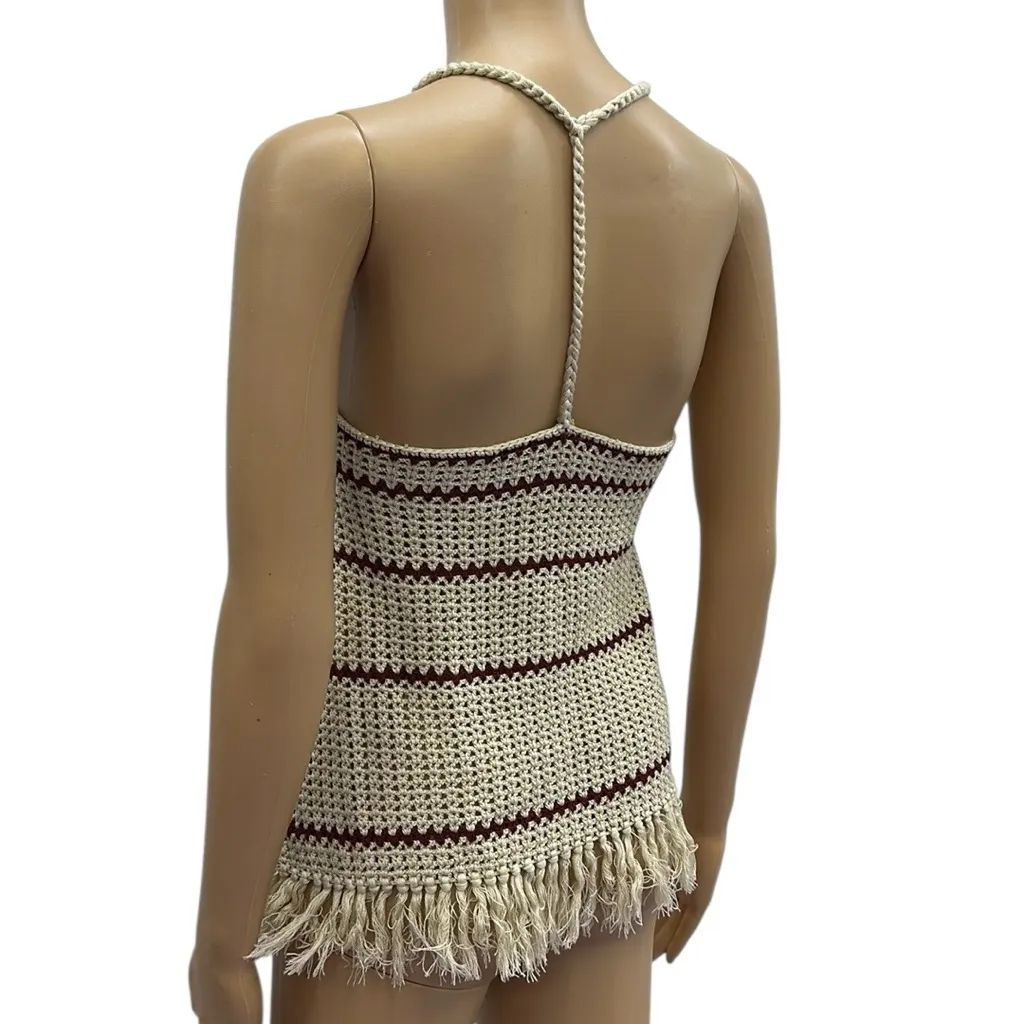 Full Tilt Cream Burgundy Boho Open Crochet Knit Cotton Blend Tank Top Womens XS Red - Image 6