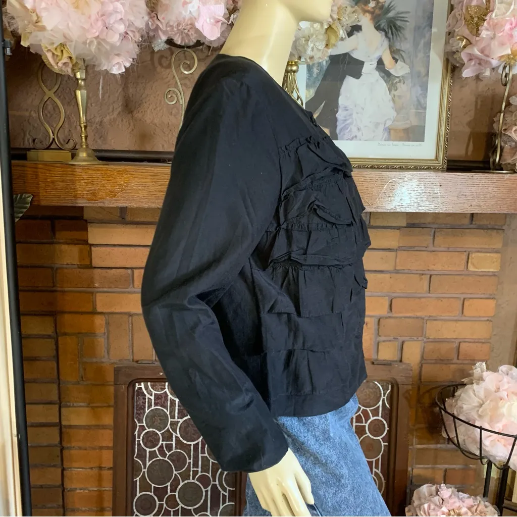 CHRISTOPHER & BANKS BLACK SILK BLEND TIERED RUFFLE FRONT BUTTON DOWN TOP (M) - Image 4