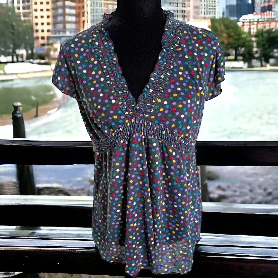 Julie's Closet Womens Top Sz L Maternity Gray Colorful Polka Dots Knit Ruffles - Image 2
