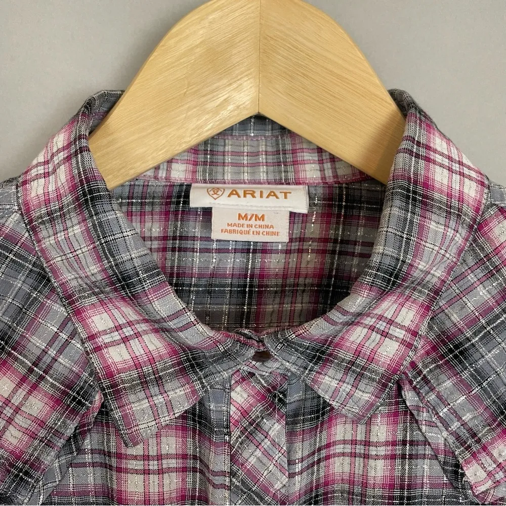 Ariat Western Shirt Women Metallic Pink White Gray Medium Skull Stud Embellished - Image 4