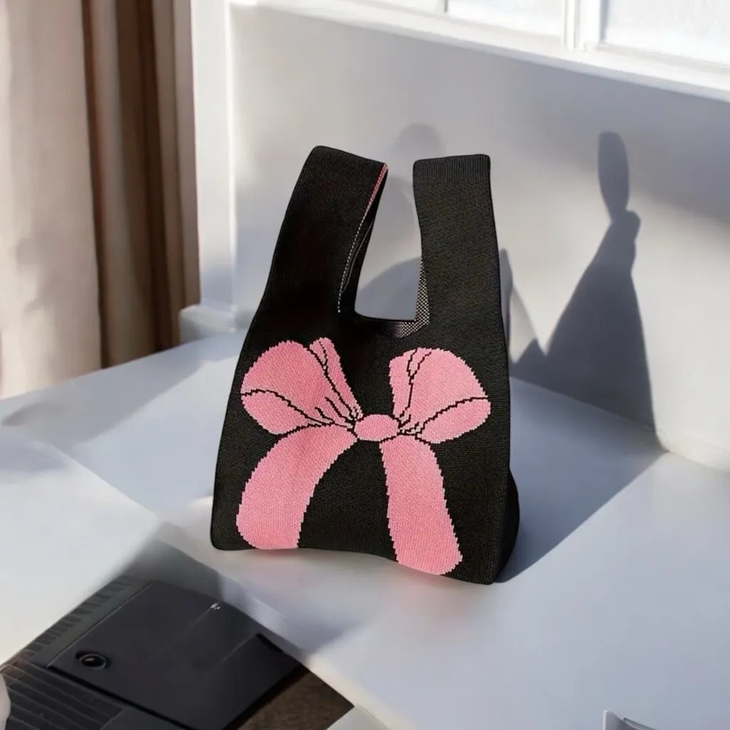 Stylish Black‎ Pink Bow Knit Style Handbag Fashionable Design Versatile Wristlet Black - Image 7