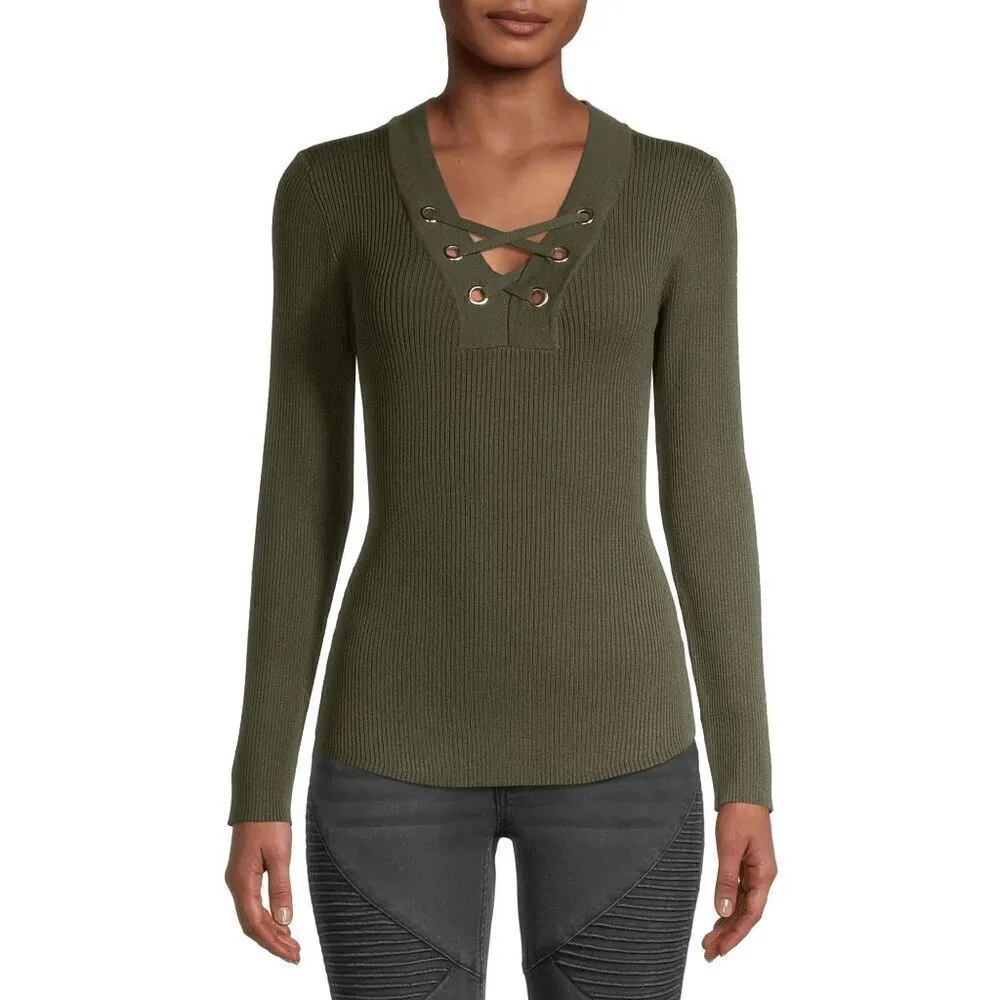 No Boundaries Olive Green Ribbed Stretchy Lace Up Sweater XXL NWOT - Image 6