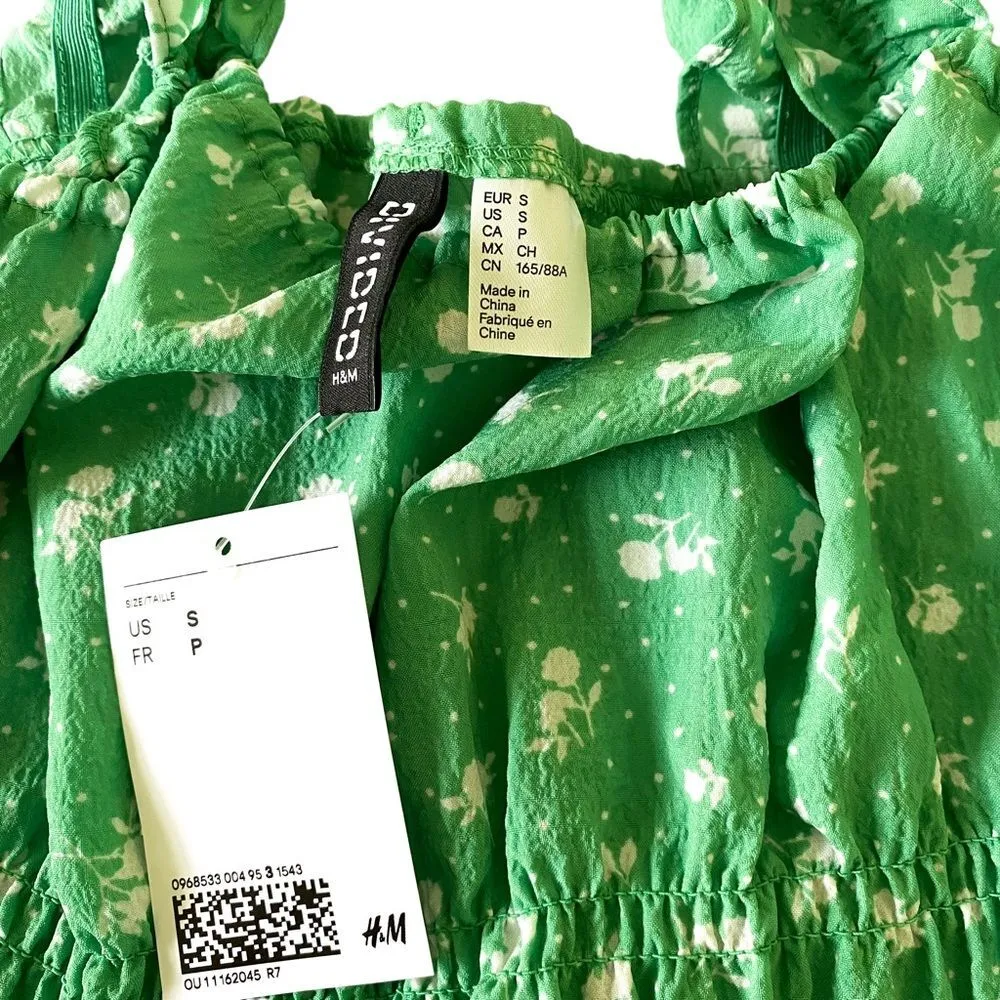 H&M Green White Floral Sleeveless Peplum Shirred Tank Top Blouse Size Small - Image 3