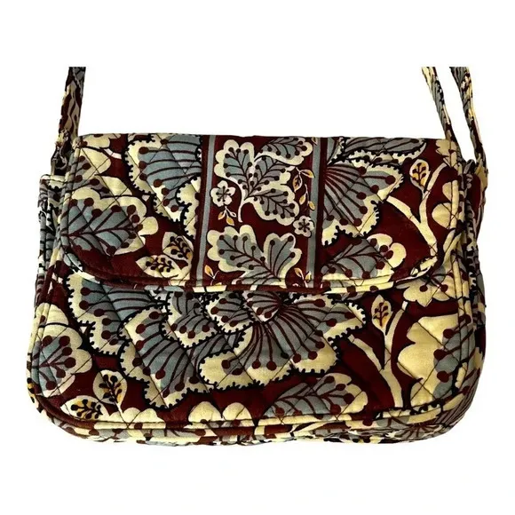 VERA BRADLEY SLATE BLOOMS QUILTED SHOULDER‎ BAG BROWN BLUE FLORAL PURSE - Image 3