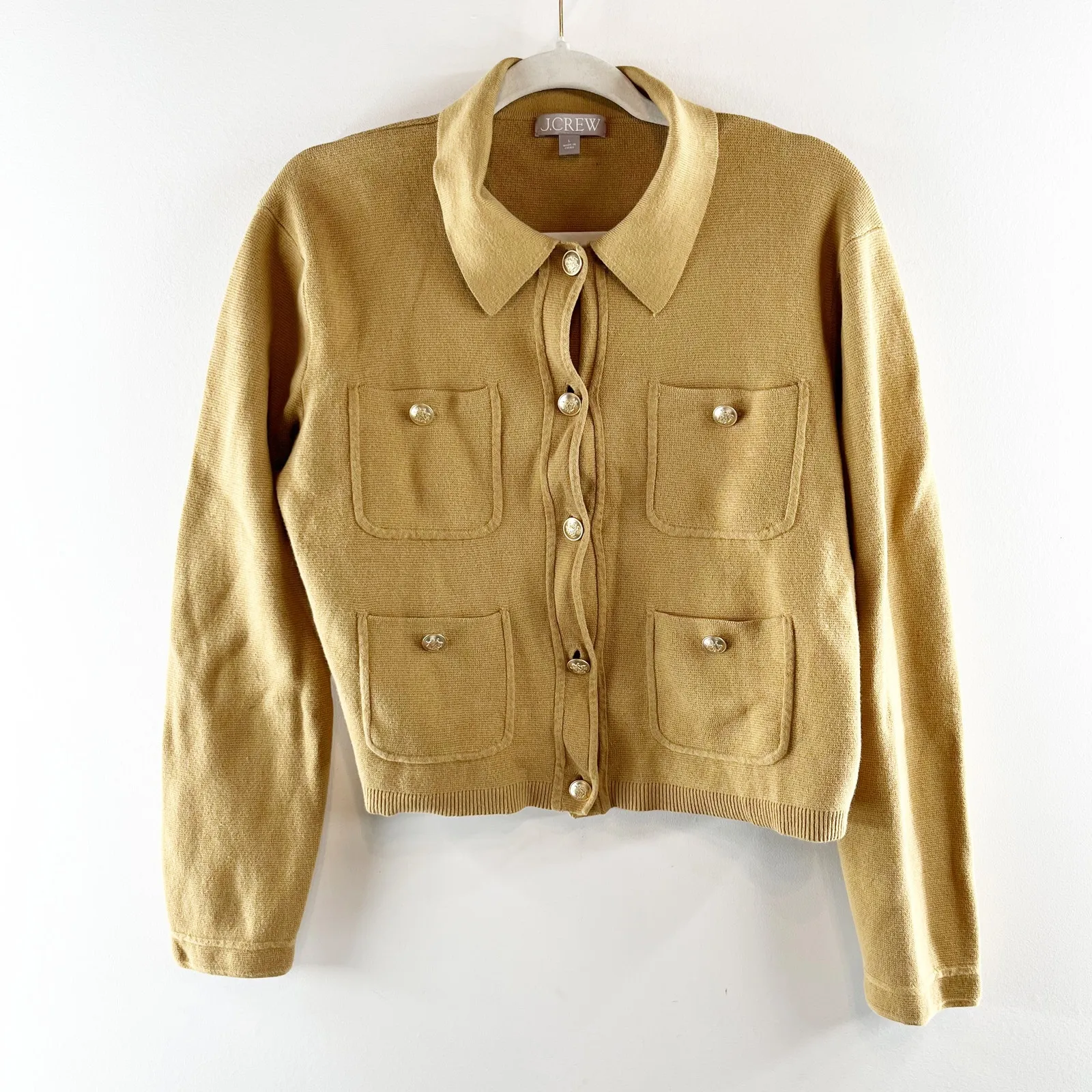 J. Crew Long Sleeve Patch-Pocket Button-Front Knit Sweater Lady Jacket Tan Large - Image 3