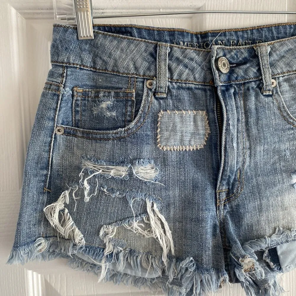 American Eagle Women's 2‎ High Rise Shortie Light Wash Denim Distressed Shorts - Image 2
