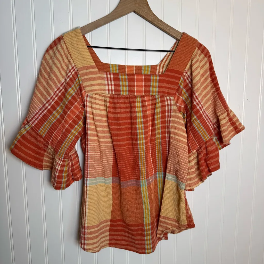 beachlunchlounge Naomi Orange Plaid Cotton Ruffle Blouse Women’s Size Large - Image 2