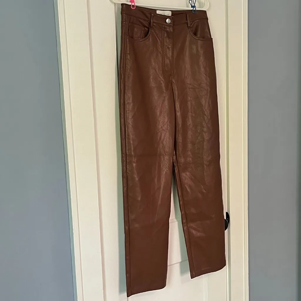Wilfred Aritzia Melina brown vegan leather straight leg high rise pant size 8 - Image 3