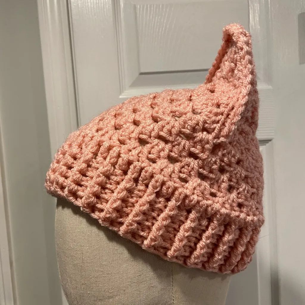 Handmade Crochet Cat Animal Ear Beanie Hat Cozy Ribbed Brim Stretch Winter Hat - Image 2