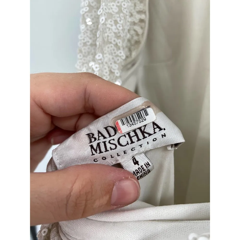 Badgley Mischka Sequined Draped Cowl Back Cap Sleeve Formal Maxi Gown Size 4 - Image 9