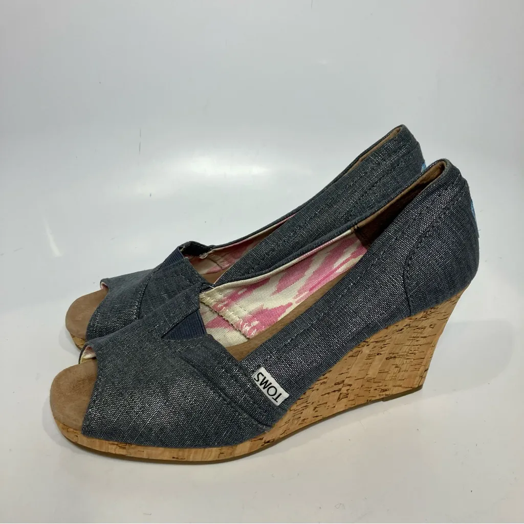 Toms classic‎ wedge peep toe shoes shimmery chambray women’s size 7.5 casual - Image 4