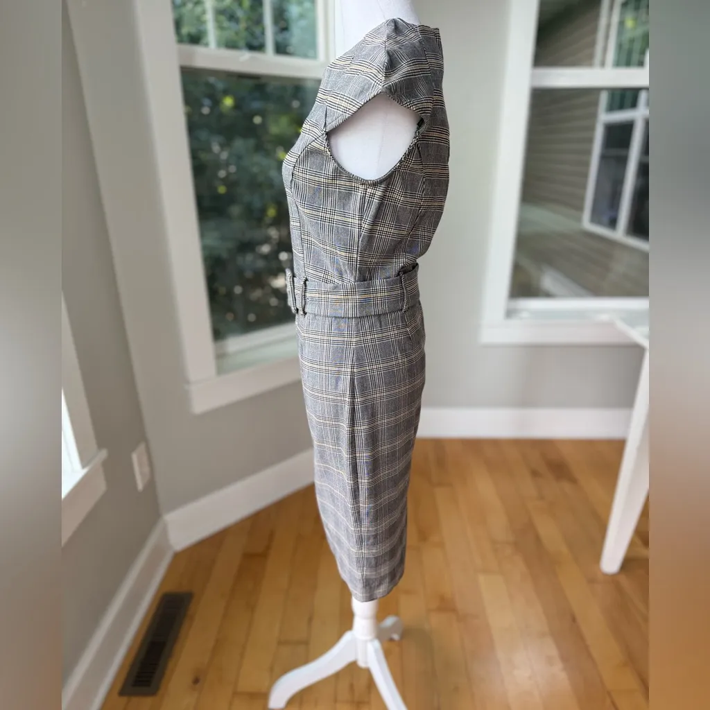 NAF NAF Gray Plaid Belted Cap Sleeve Business Casual Dress Size Small - Image 3