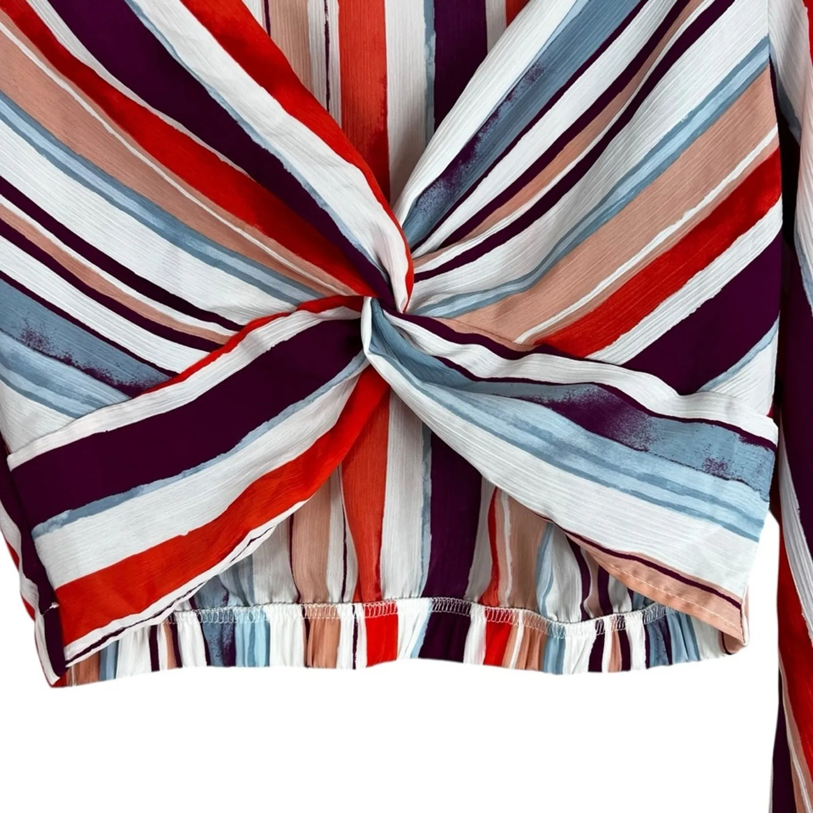 Peach Love California Crop Top Womens M Multicolor Striped Bell Sleeve Knot Boho - Image 2