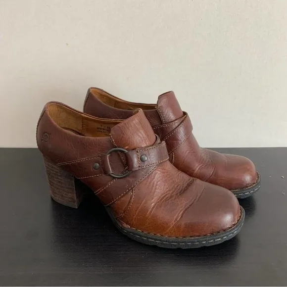 Born Leather Brown Chunky Stacked Harness Heels Size 7 - Image 8