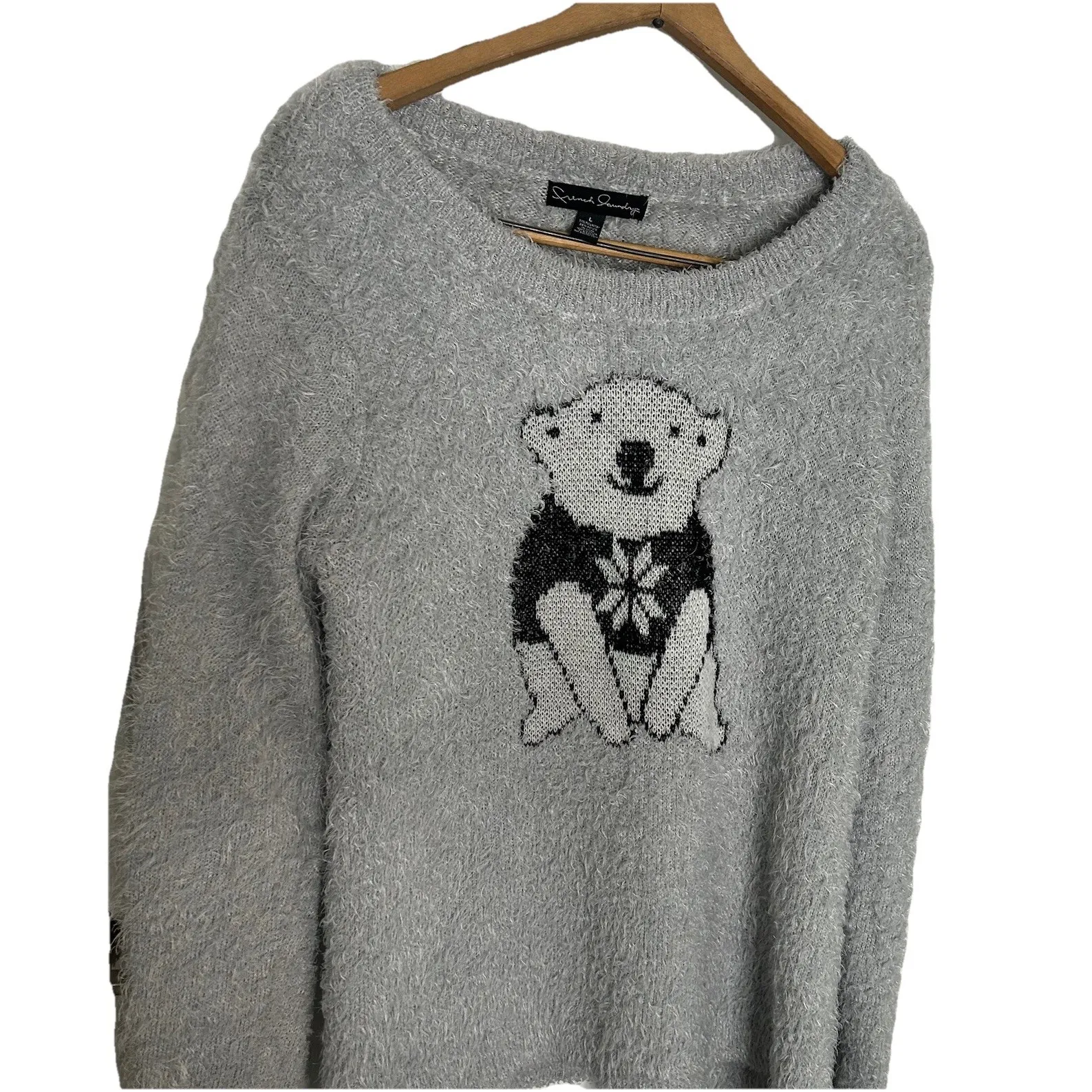 French Laundry Gray & Black Fuzzy Sweater with Polar Bear Design, Size L - Image 2