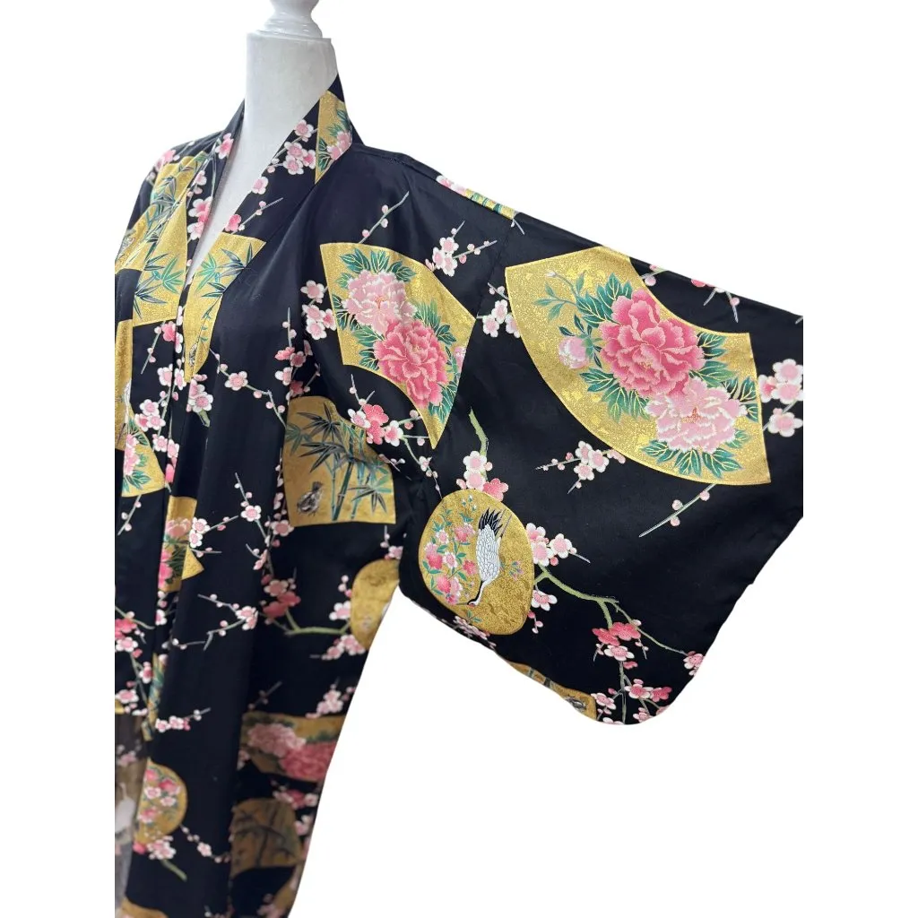 NEW Smithsonian S Black Kimono Robe Floral Fan Crane Yukata Made Japan - Image 7