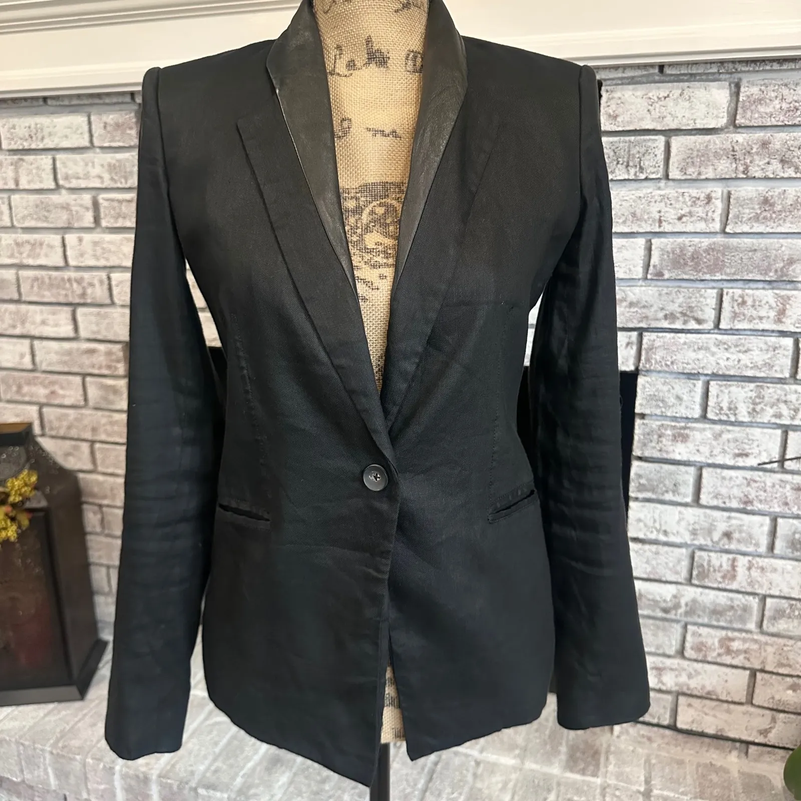 Helmut Lang Black Linen Blend Blazer Leather Collar Single Button Women Size - Image 3