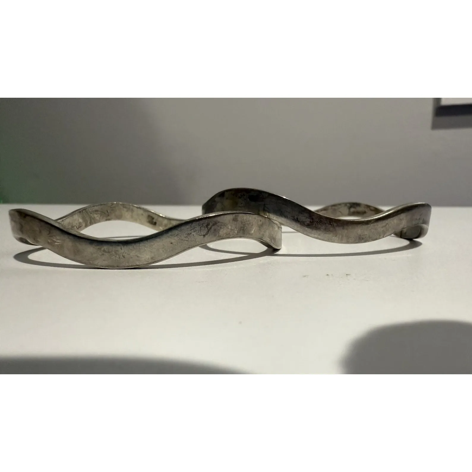 Sterling Silver 2 Stackable Stacked Hinged Wavy Bangle Bracelets Mexico 925 - Image 2