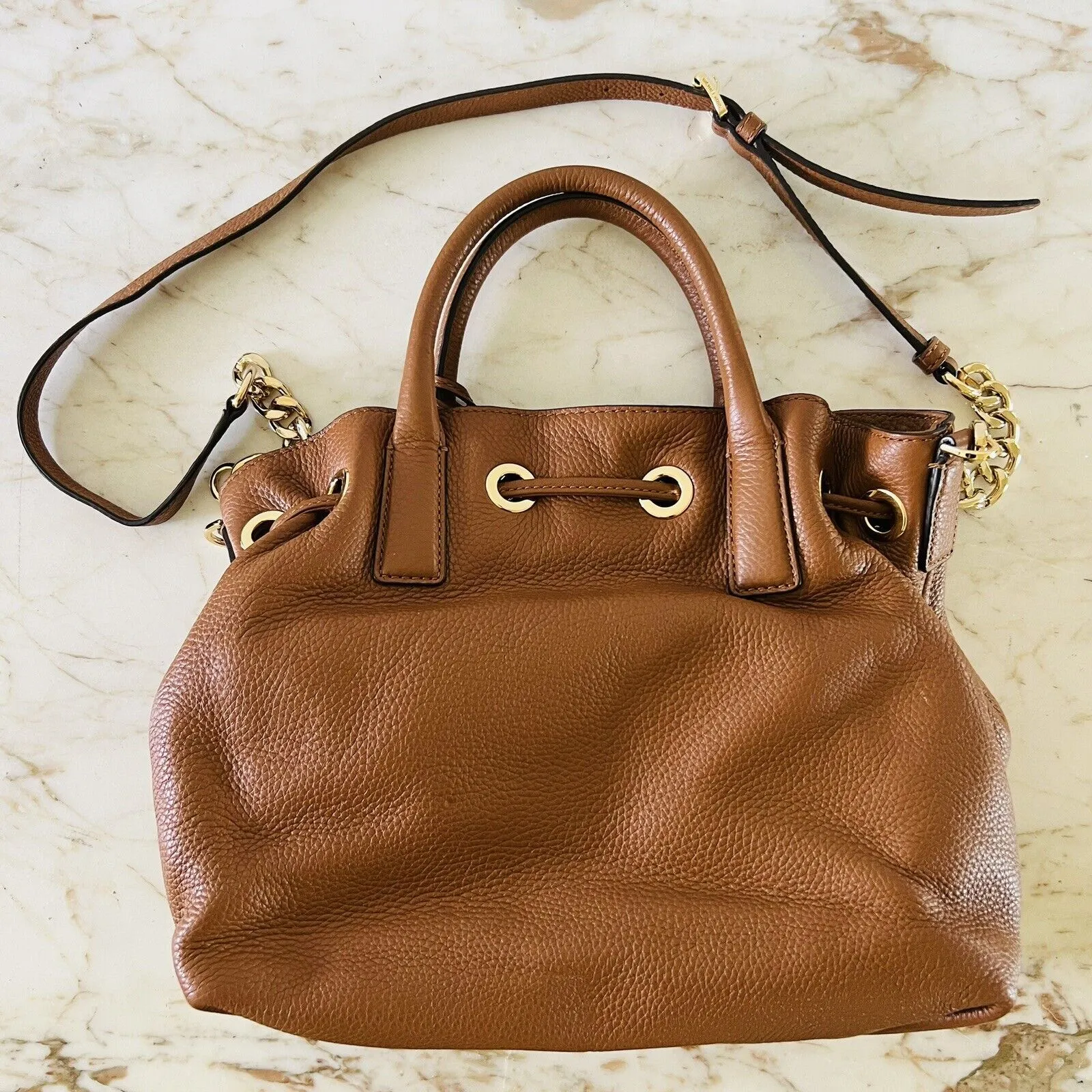 MICHAEL KORS Camden Luggage Brown Leather Medium Drawstring Satchel Shoulder Bag - Image 7