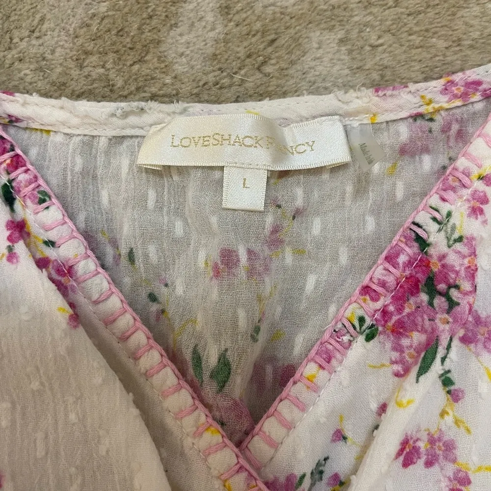 Love Shack Fancy white pink floral lace crochet sleeve crop tank women’s size L - Image 6