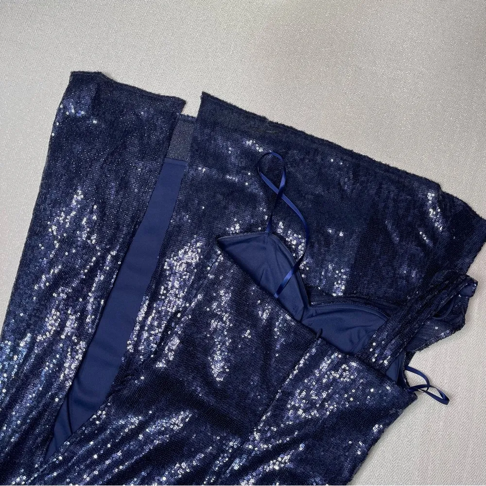 Cache Navy Blue Sequin Formal Gown Maxi Dress with Slit 4 - Image 14