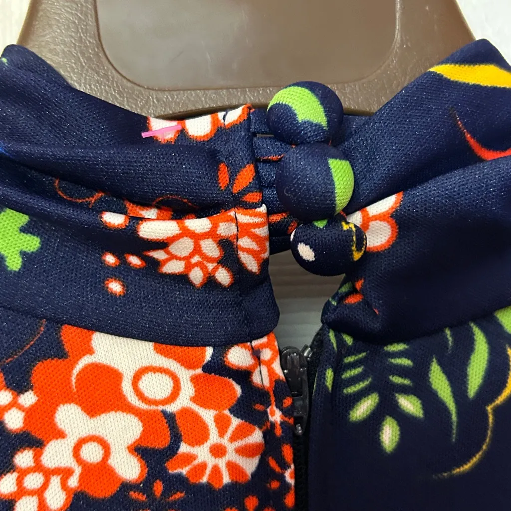 Vtg 60s/70s Gay Gibson Floral Halter Maxi Dress Navy Boho Blue Size M - Image 5