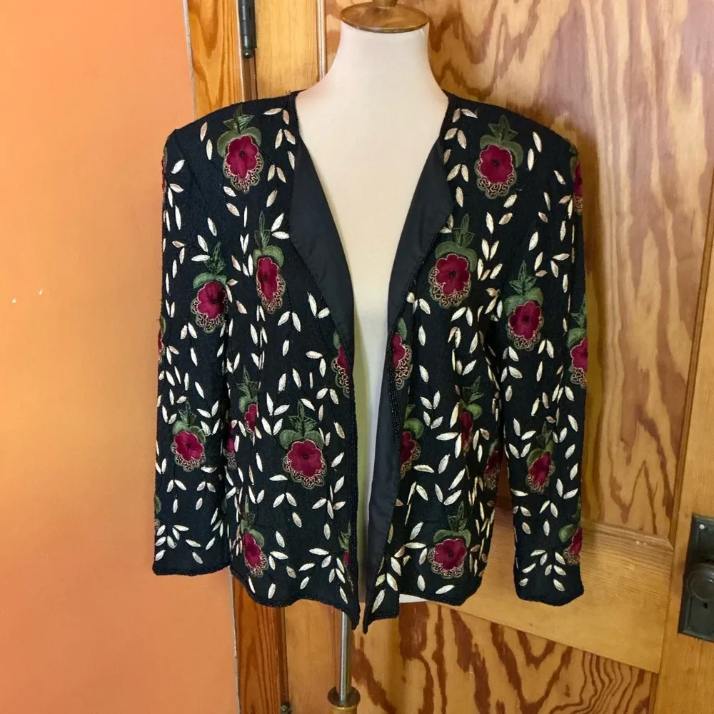 Vintage Beaded n Embroidered floral Jacket Black Size M - Image 9