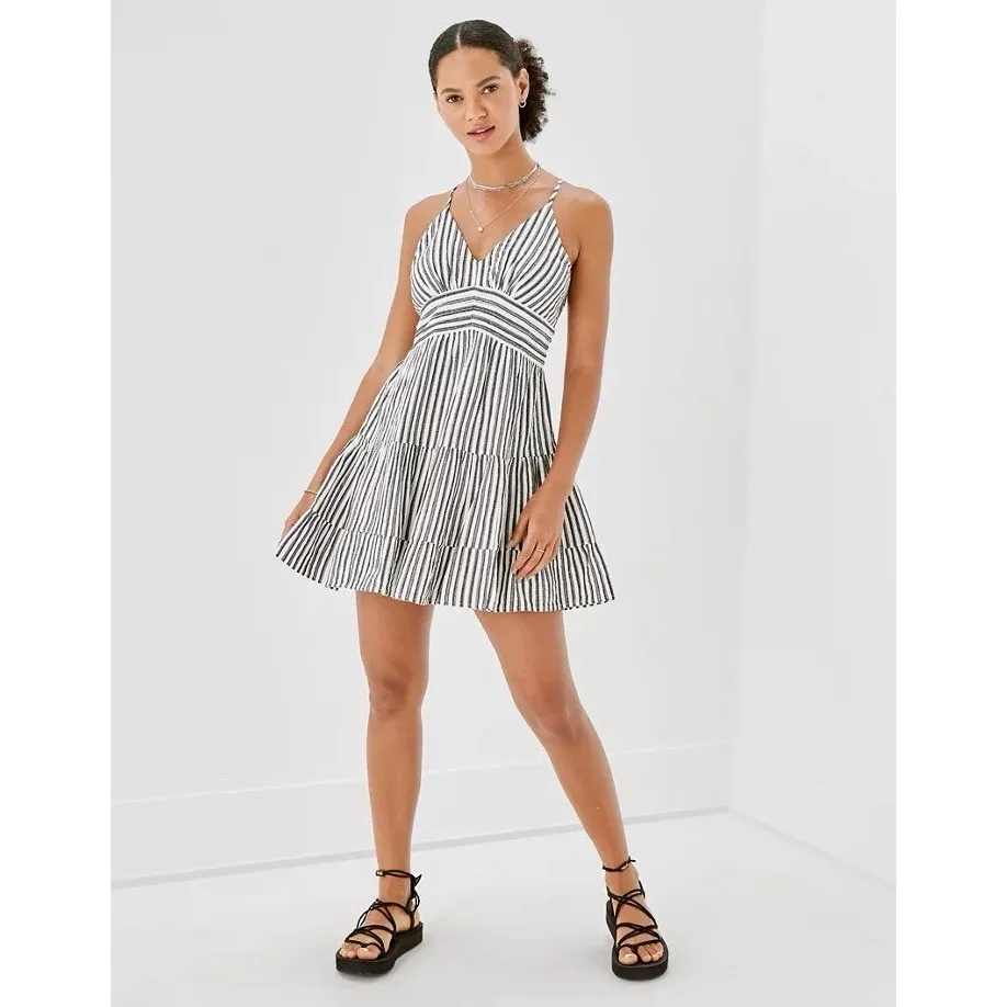 American Eagle Outfitters Striped Strappy‎ Babydoll Mini Dress Linen Size Small White - Image 5