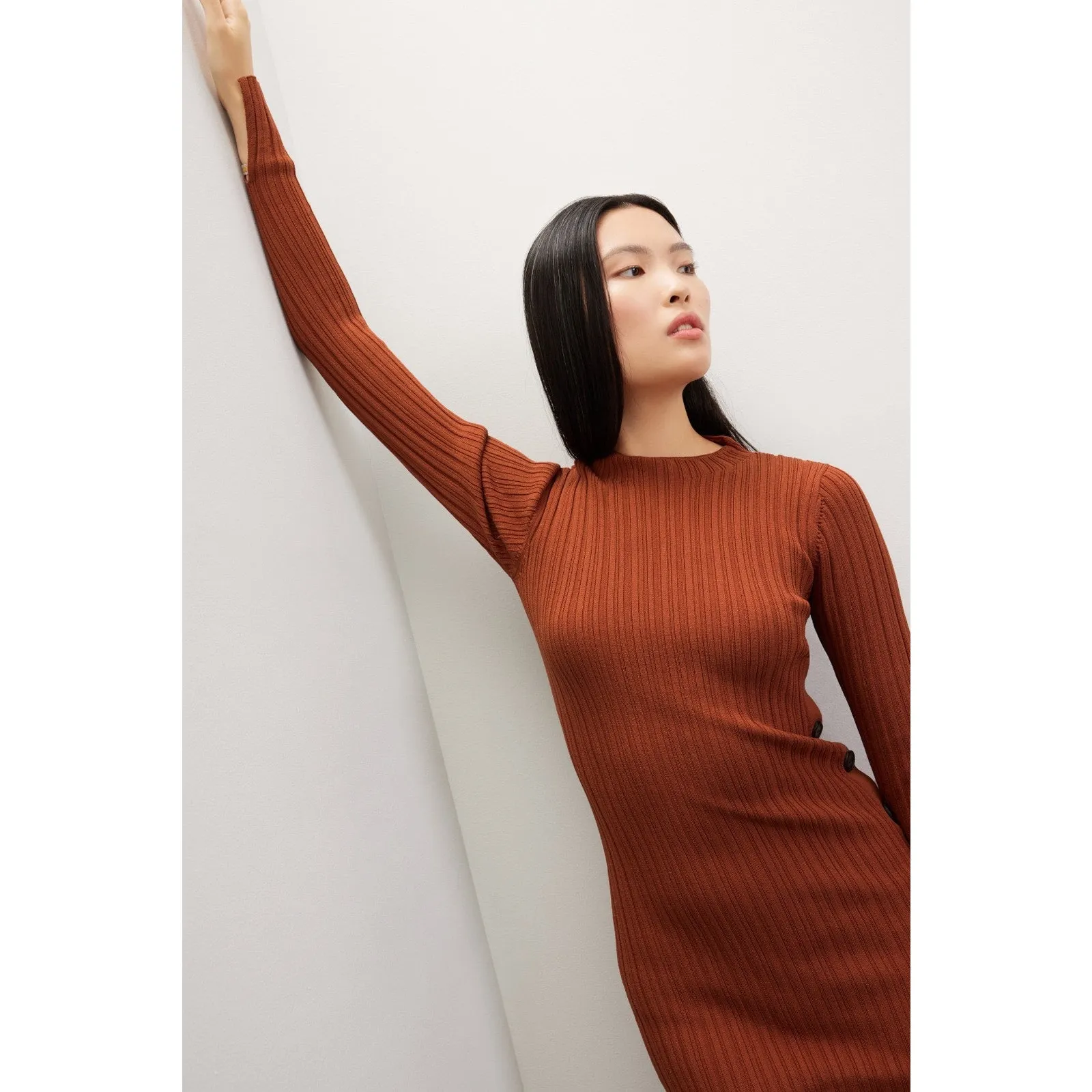 Adam Lippes Rust Ribbed Knit Side Button Long Sleeve Sweater Midi Dress Size S - Image 5