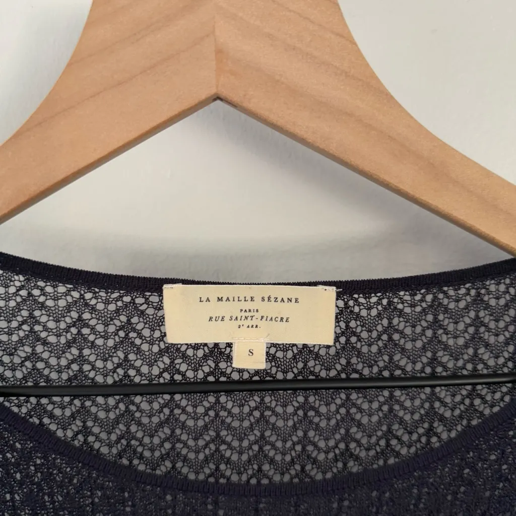 Sezane Small Aloys Sweater Navy White Ruffle Trim Lightweight Sheet relaxed fit - Image 4