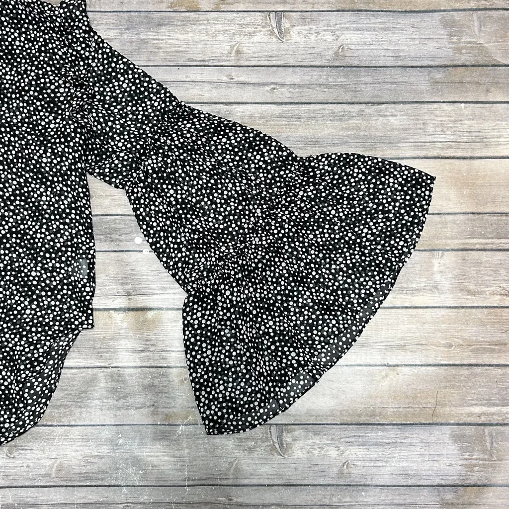 Misa Black White Polka Dot Sheer Button Up Bell Ruffle Sleeve Hi Lo Blouse XS - Image 10