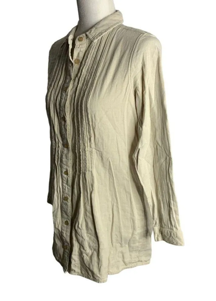Button Up Pin Tuck Pleated Tunic Shirt S Beige Long Sleeves Collared Lined - Image 3