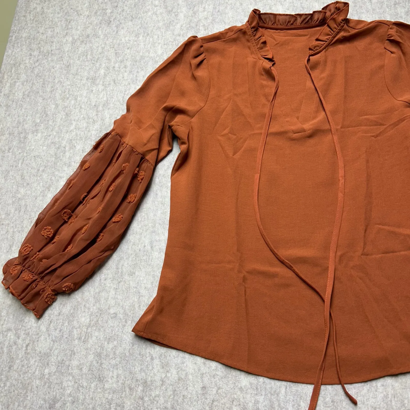 Ruffled Neck Long Sleeve Blouse Pom Pom Detail Women's Top Orange Medium‎ NWOT - Image 4