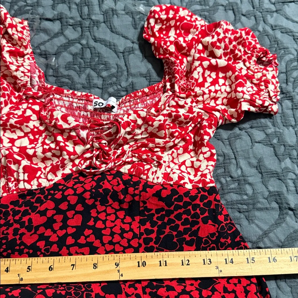 SO mixed-print puff-sleeve midi dress junior size XS v-neck valentine hearts nwt - Image 6