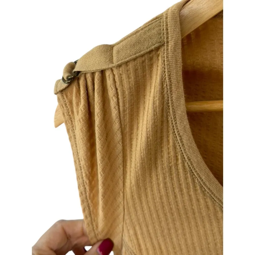 Calvin Klein Y2K Tan Cap Sleeve Ribbed Scoop Neck Top Sz Large Buckle Sleeves - Image 6